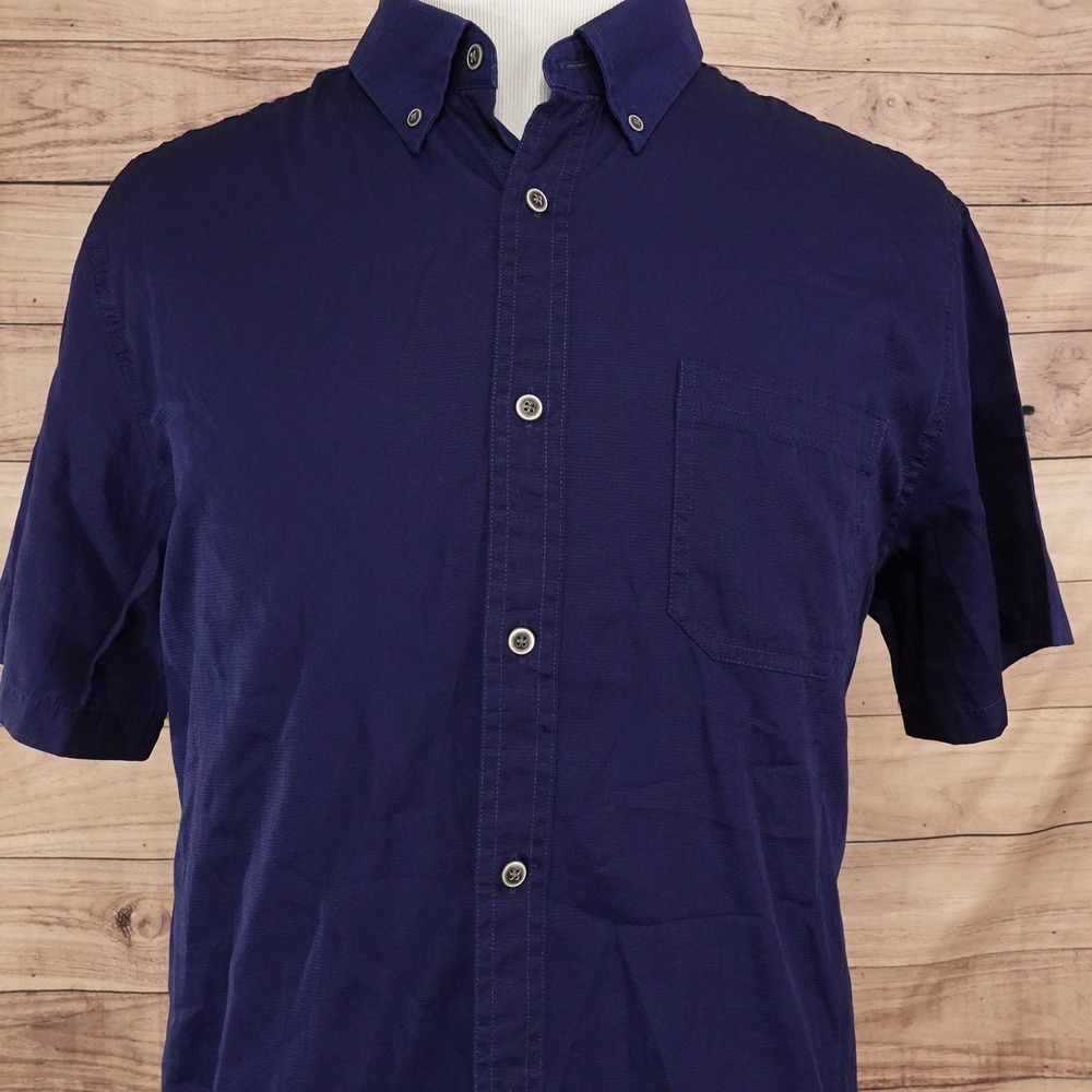 ROWM Shirt Mens XL Blue Solid Short Sleeve Button-Up Cotton Casual Pocket